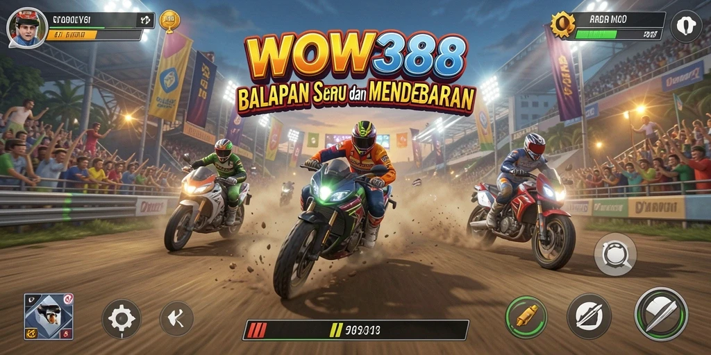 Tangkapan layar utama WOW388 menampilkan aksi balapan yang mendebarkan di trek yang bervariasi.